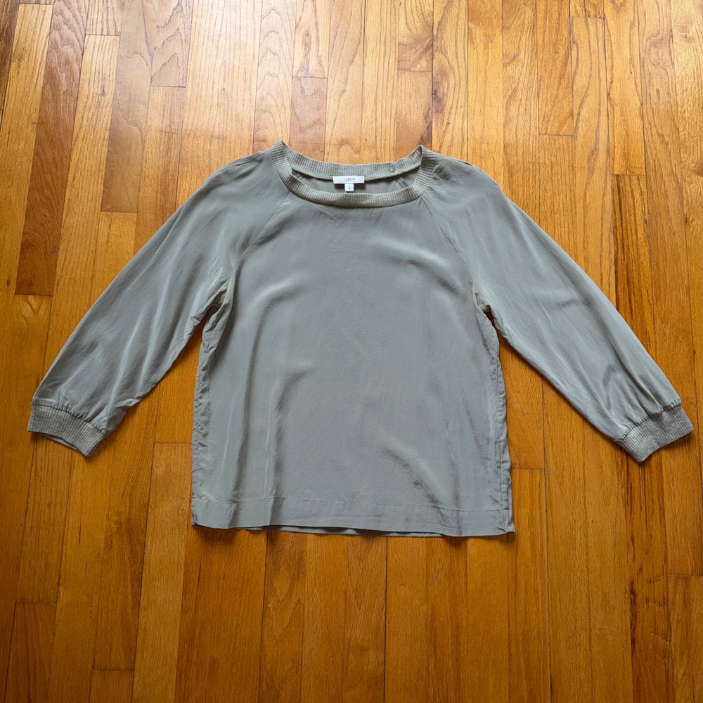 J.Crew Silk Raglan Blouse Sage Green Grey Ribbed Wool Trim Preppy 4 Quiet Luxury